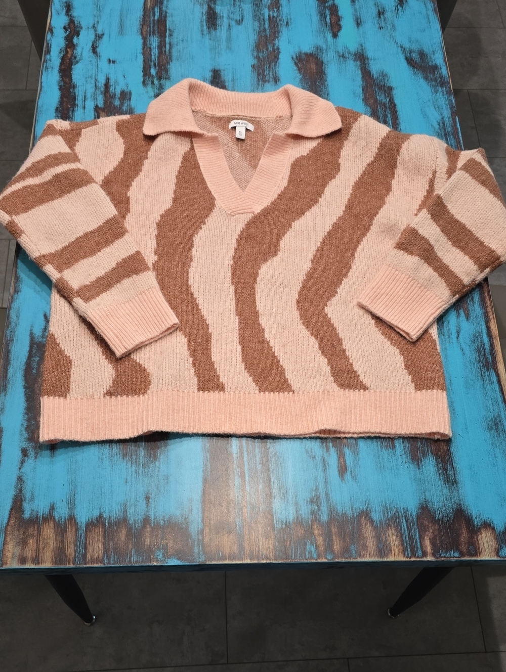 Nine West Pink and Brown Zebra-Print V-Neck Sweater